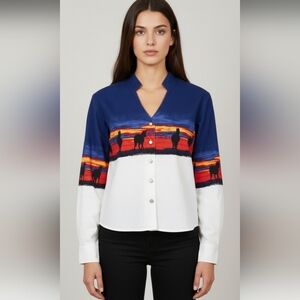 VTG Wrangler Blouse Top Shirt Button Down Longsleeve Horse Sunset Western L